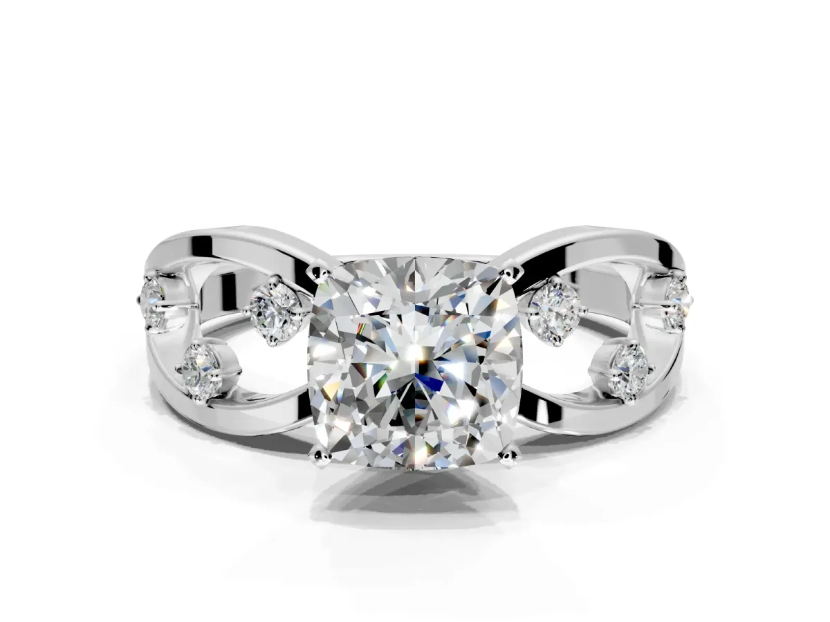 Solitaire Engagement Ring Setting for Cushion Cut Center with Criss-Cross Accent Band and Prong Head in Sterling Silver