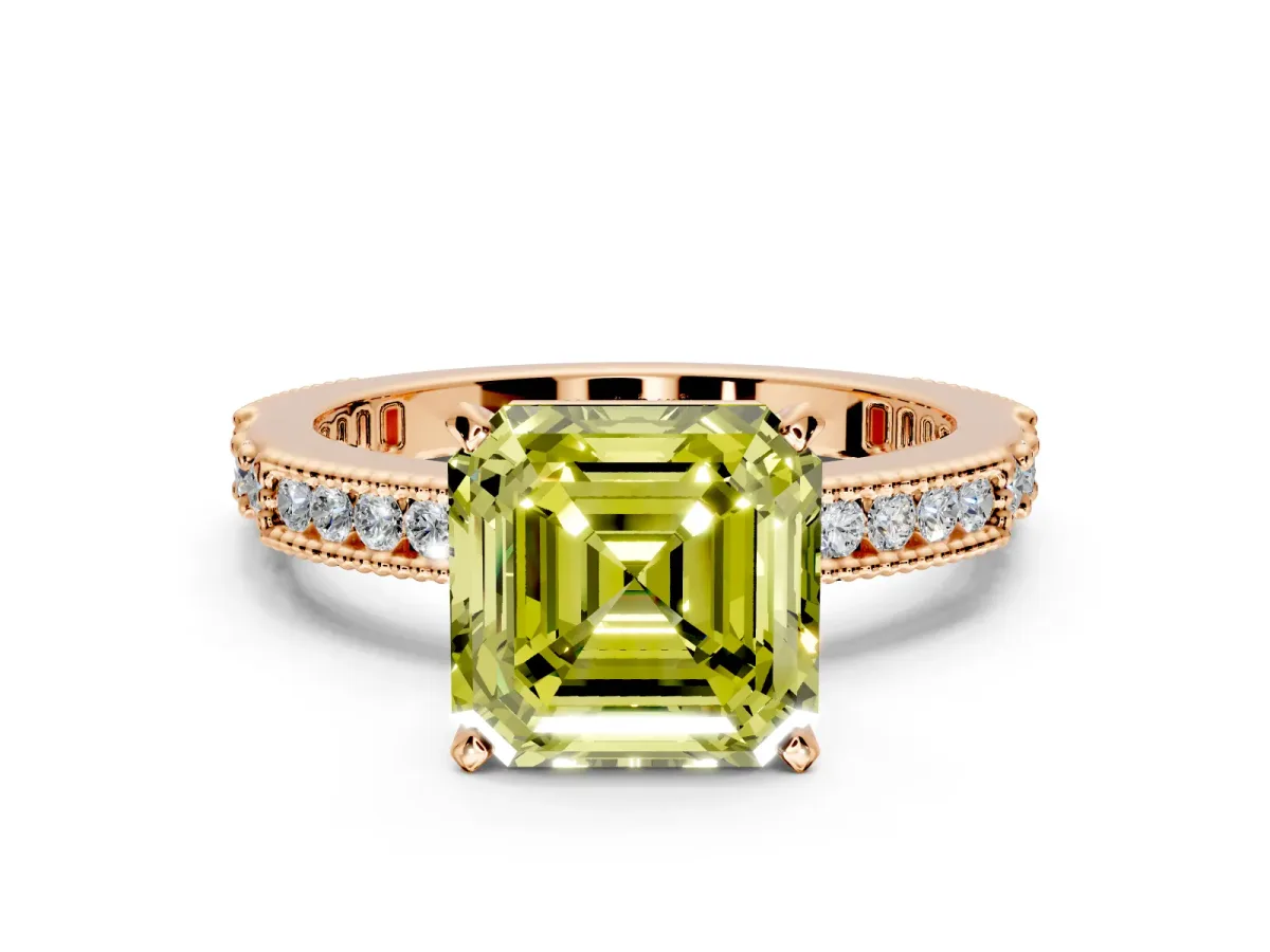 Solitaire Engagement Ring Setting for Fancy Yellow Asscher Cut Center with Milgrain-Edged Pave Band and Prong Head in Rose Gold