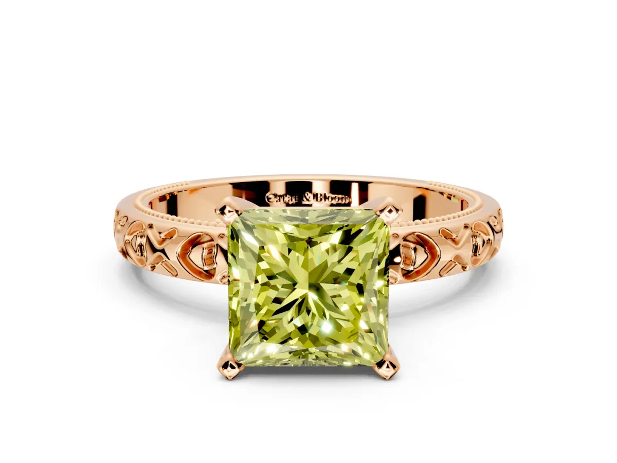 Solitaire Engagement Ring Setting for Fancy Yellow Princess Cut Center with XO Engraved Band and Prong Head in Rose Gold