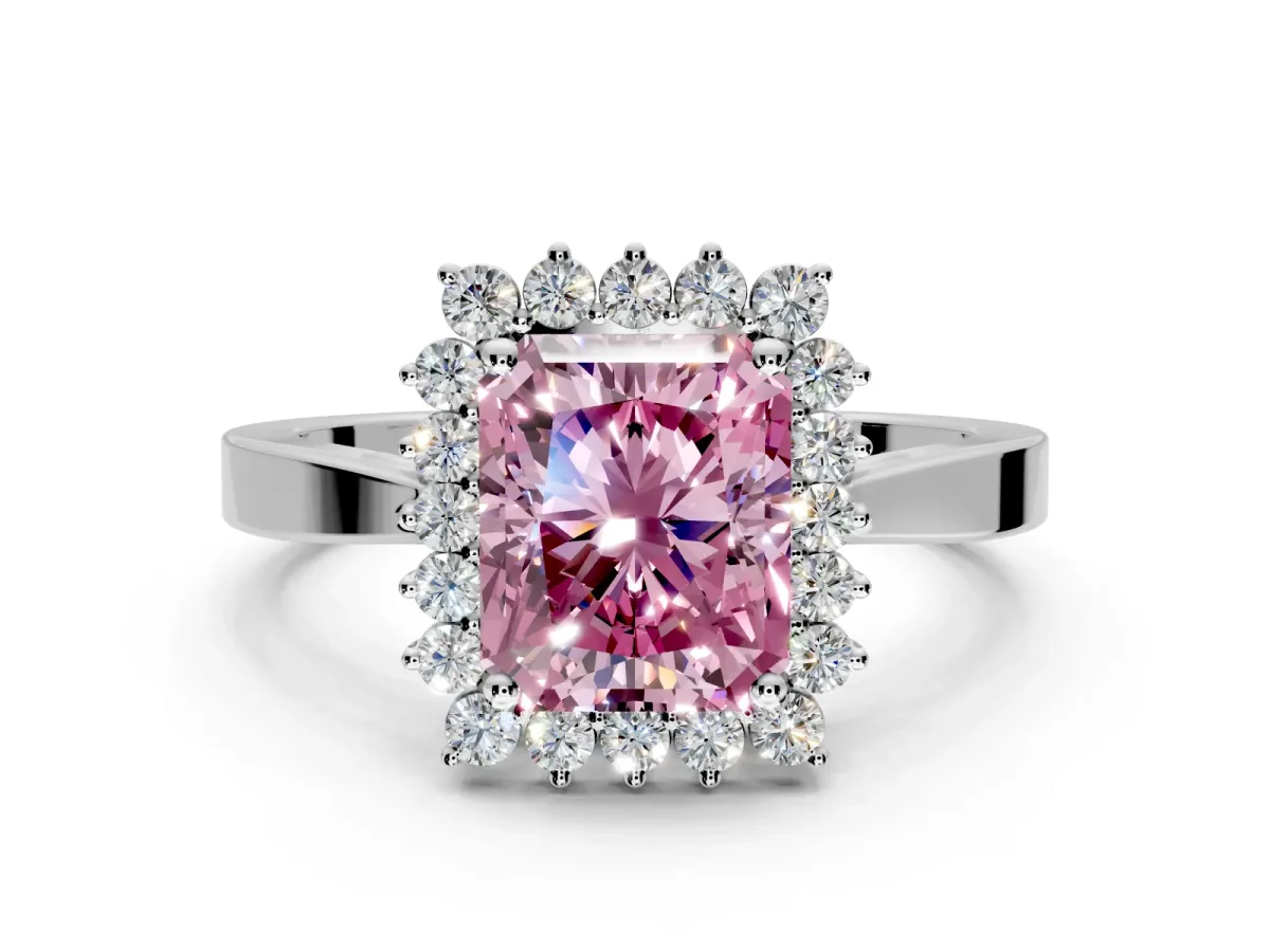 Starburst Halo Engagement Ring Setting for Fancy Pink Radiant Cut Center with Flat Cathedral Band and Prong Head in Platinum