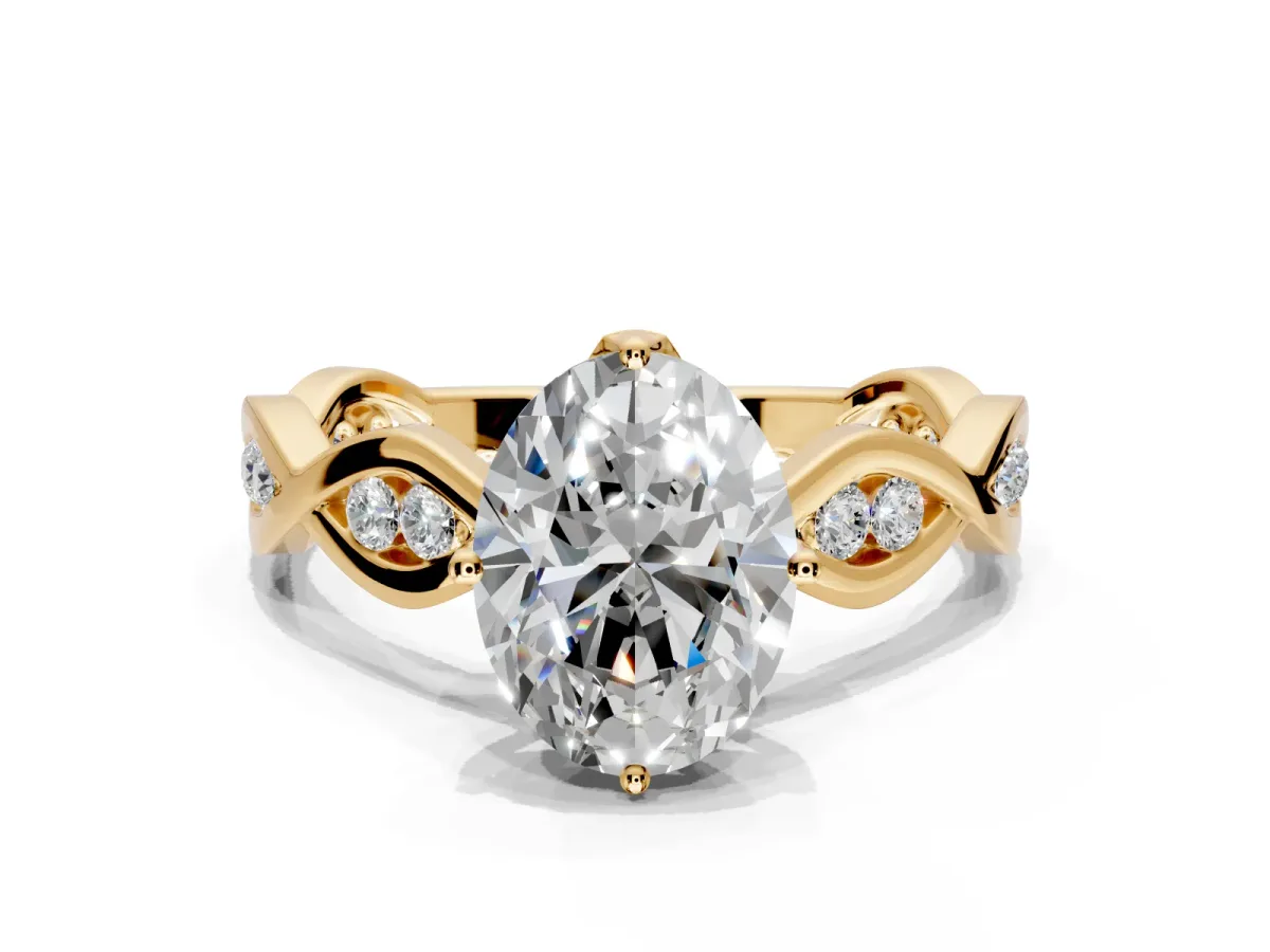 Solitaire Engagement Ring Setting for Oval Center with Accented Twist Band and Leaf Prong Head in Yellow Gold