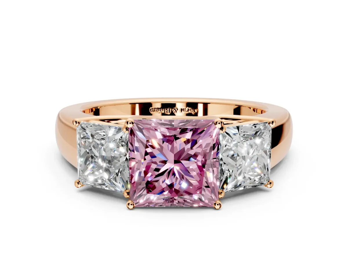 3 Stone Engagement Ring Setting for Fancy Pink Princess Cut Center with Raised Basket Heads and Prong Head in Rose Gold