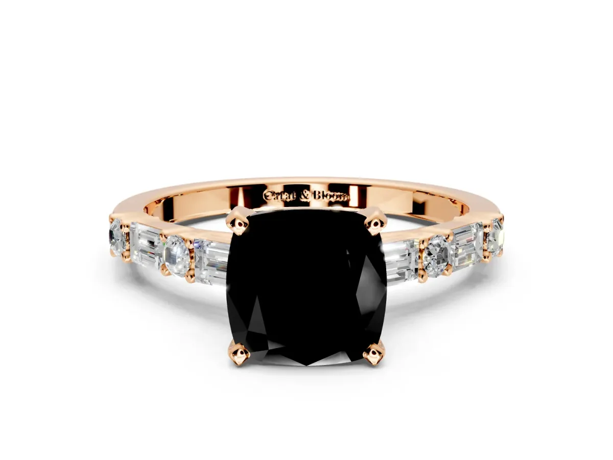 Baguette Engagement Ring Setting for Fancy Black Cushion Cut Center with Alternating Bar-Set Band and Prong Head in Rose Gold
