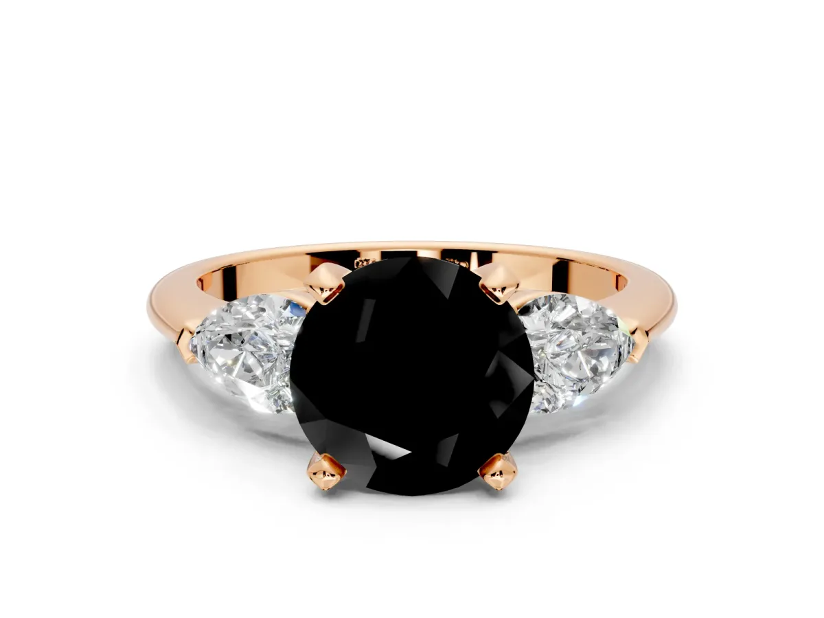 3 Stone Engagement Ring Setting for Fancy Black Round Cut Center with Large Pear-Shaped Accents and Prong Head in Rose Gold