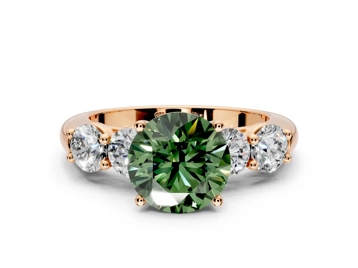 5 Stone Engagement Ring Setting for Fancy Green Round Cut Center with Graduated Accents and Prong Head in Rose Gold