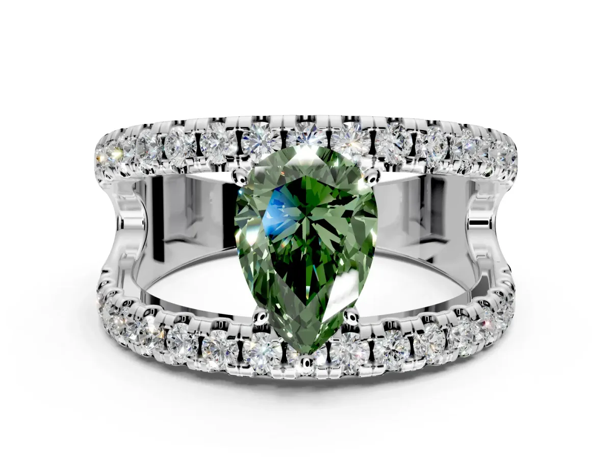 Solitaire Engagement Ring Setting for Fancy Green Pear-Shaped Center with Wide-Open Split Shank and Prong Head in Platinum