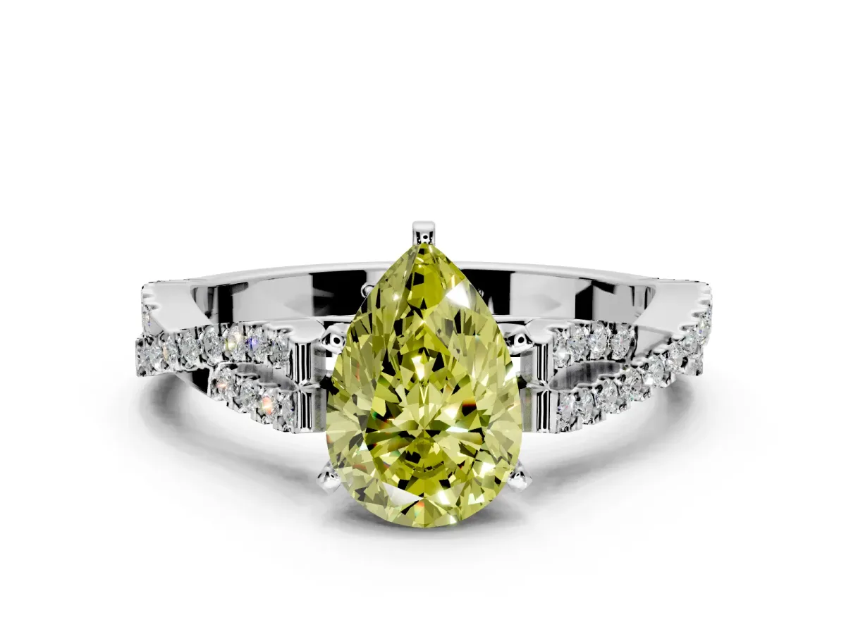 Solitaire Engagement Ring Setting for Fancy Yellow Pear-Shaped Center with Twisted Pave Split Shank and Prong Head in White Gold