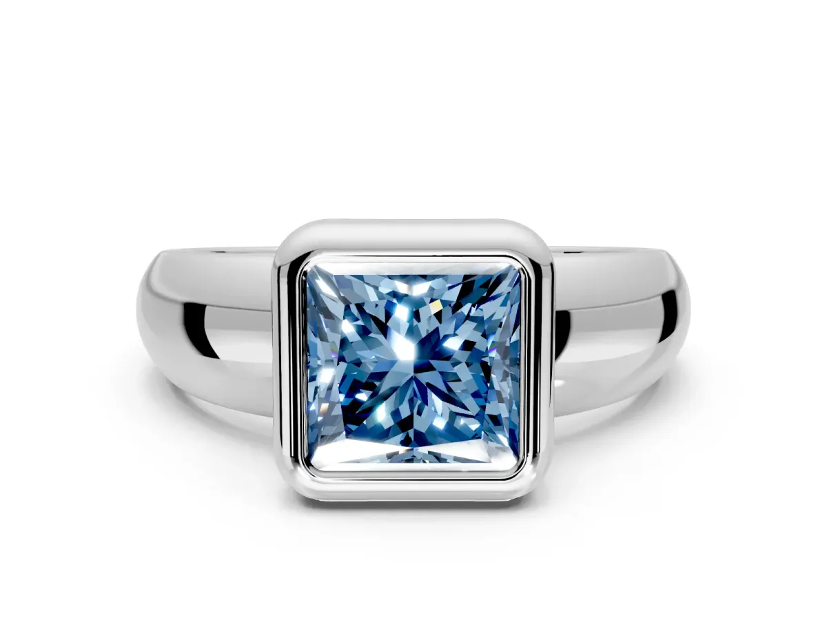 Solitaire Engagement Ring Setting for Fancy Blue Princess Cut Center with Wide Band and Bezel Head in Platinum
