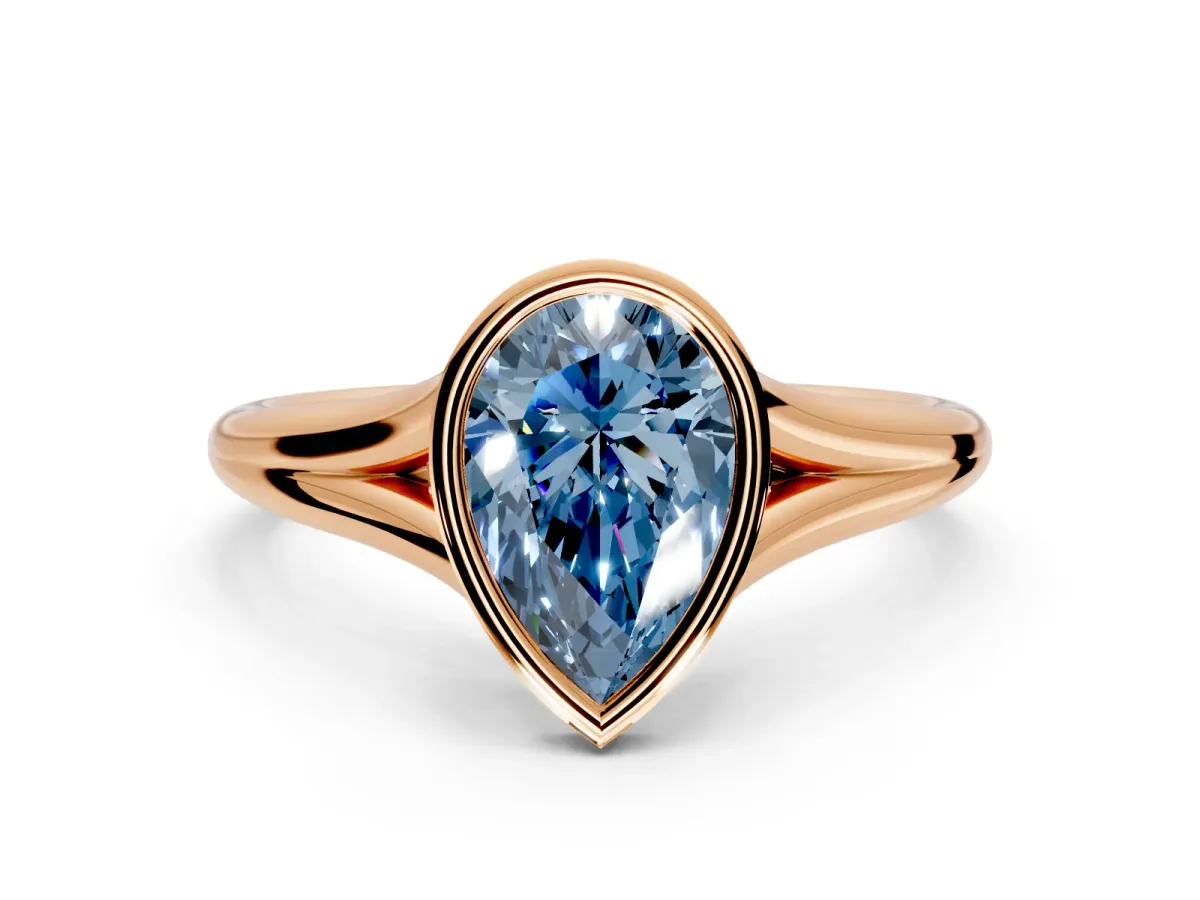 Solitaire Engagement Ring Setting for Fancy Blue Pear-Shaped Center with V Split Shank and Bezel Head in Rose Gold