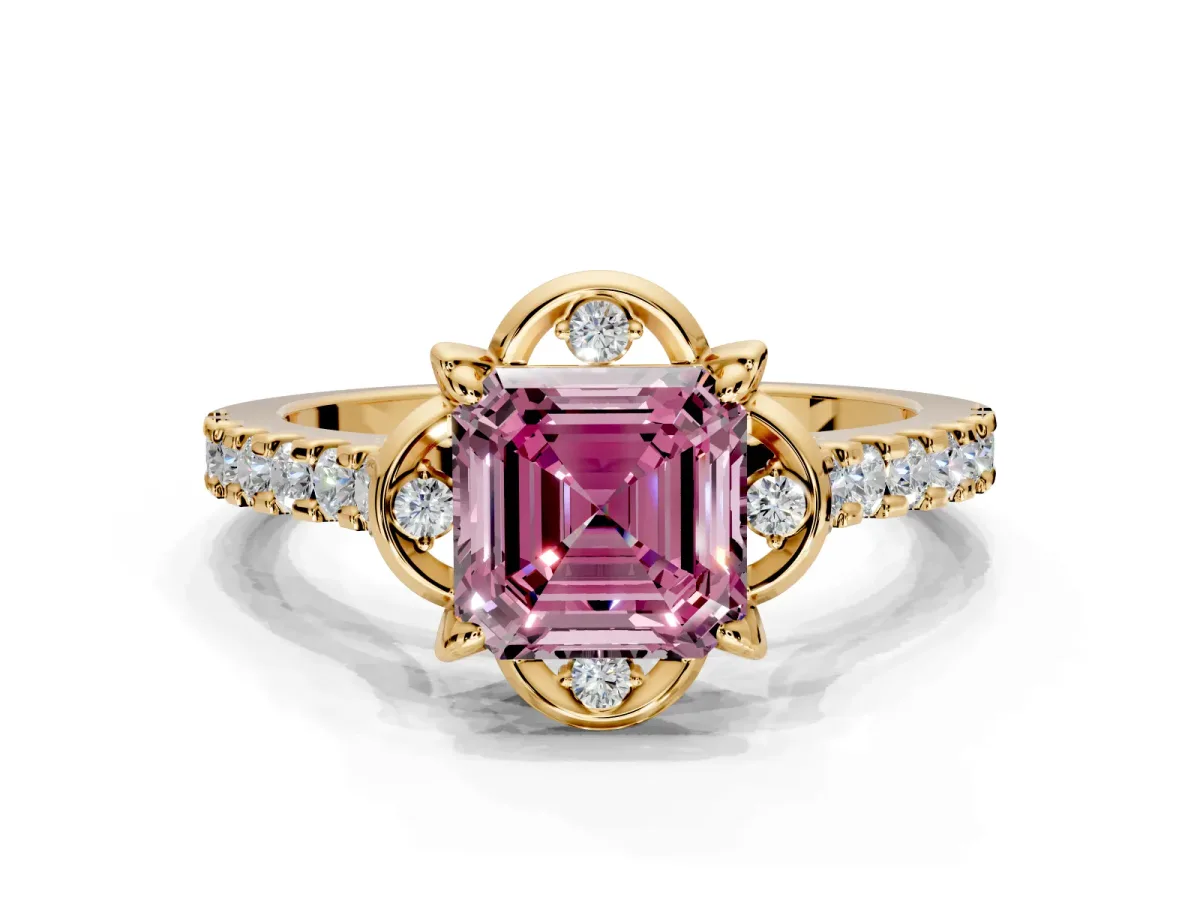 Floral Engagement Ring Setting for Fancy Pink Asscher Cut Center with Pave Band and Floral Prong Head in Yellow Gold