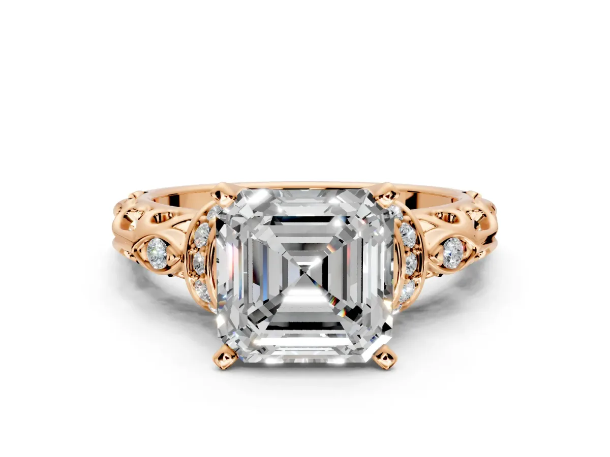 Solitaire Engagement Ring Setting for Asscher Cut Center with Filigree Band and Prong Head in Rose Gold