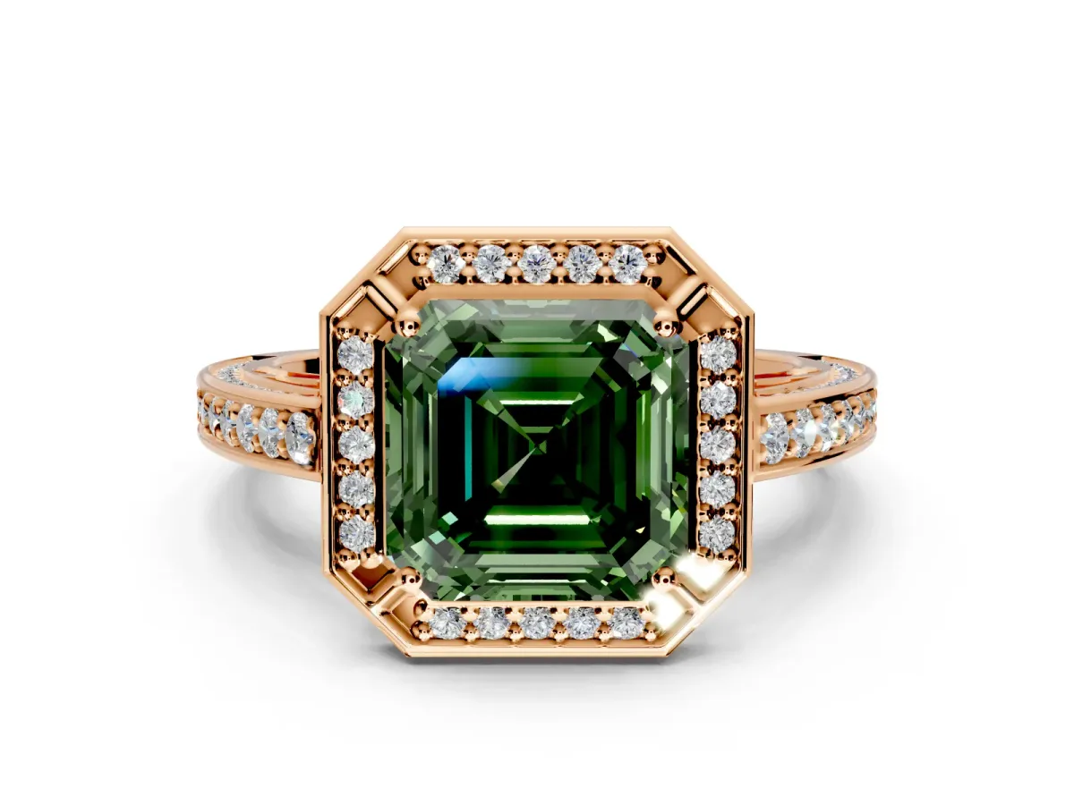 Halo Engagement Ring Setting for Fancy Green Asscher Cut Center with Framed Halo, Pave Band and Prong Head in Rose Gold