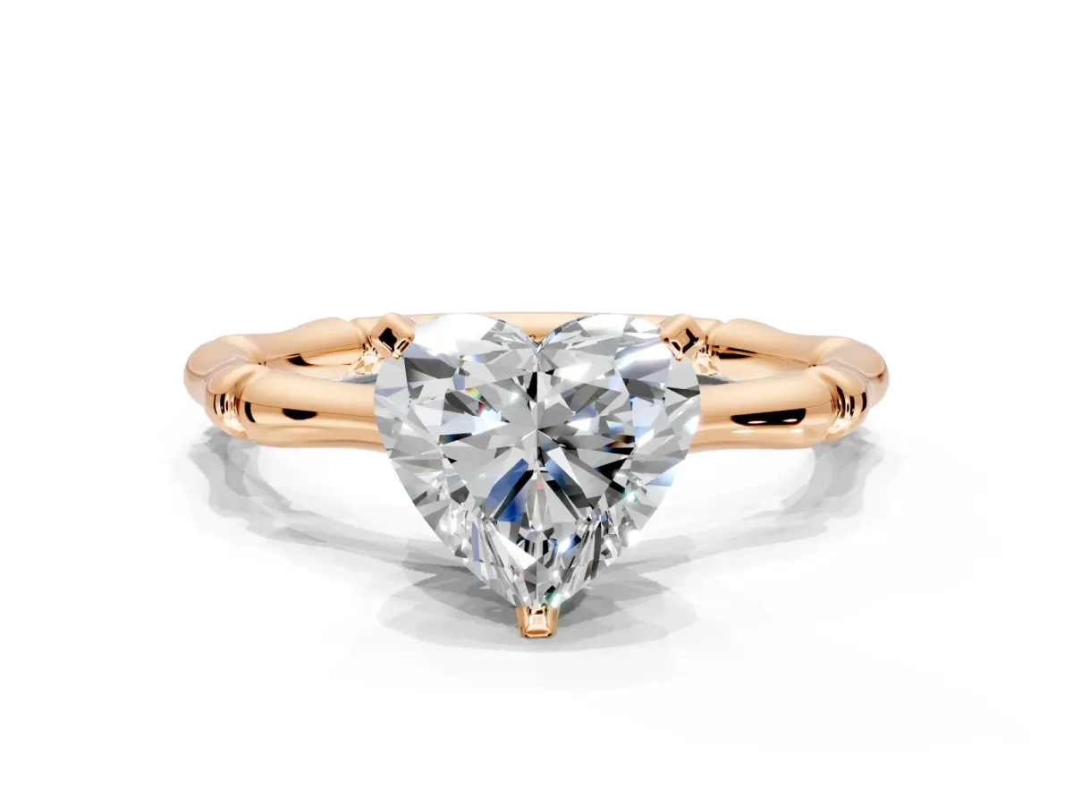 Solitaire Engagement Ring Setting for Heart-Shaped Center with Bamboo Band and Prong Head in Rose Gold