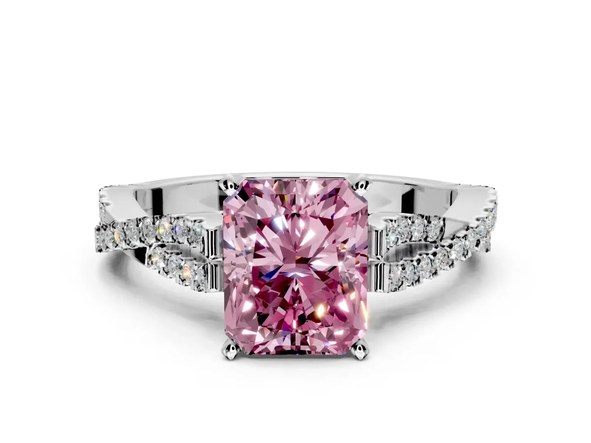 Solitaire Engagement Ring Setting for Fancy Pink Radiant Cut Center with Twisted Pave Split Shank and Prong Head in Sterling Silver