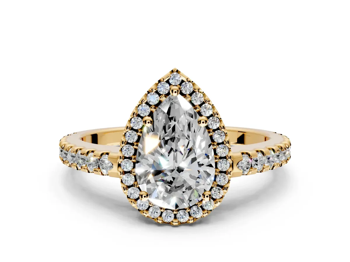 Accent Halo Engagement Ring Setting for Pear-Shaped Center with Full-Length Pave Band and Prong Head in Yellow Gold