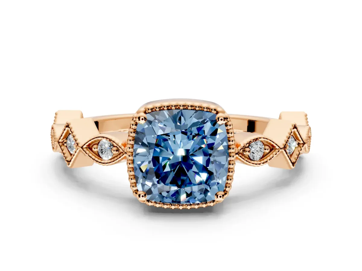 Milgrain Bezel Engagement Ring Setting for Fancy Blue Cushion Cut Center with Marquise Stations and Bezel Head in Rose Gold