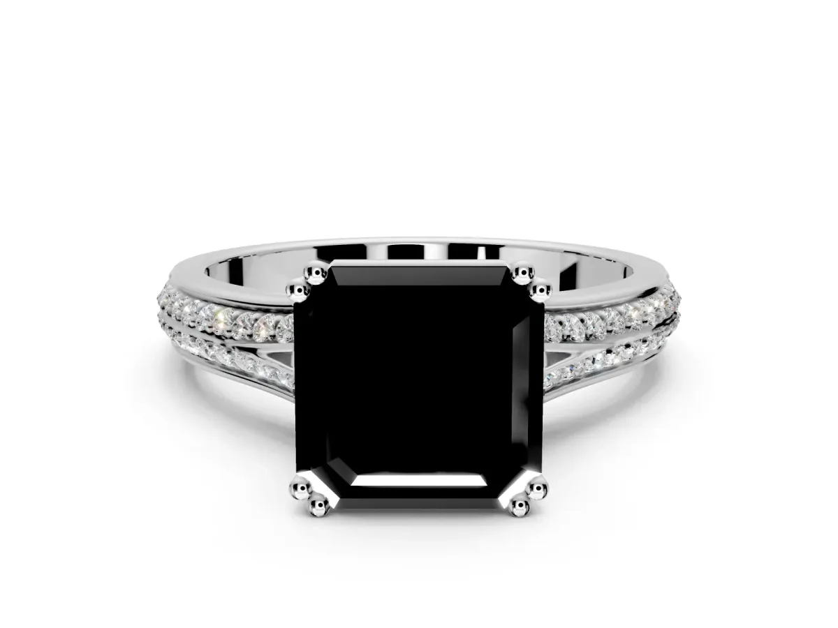 Solitaire Engagement Ring Setting for Fancy Black Asscher Cut Center with Pave Rail Split Shank and Prong Head in White Gold