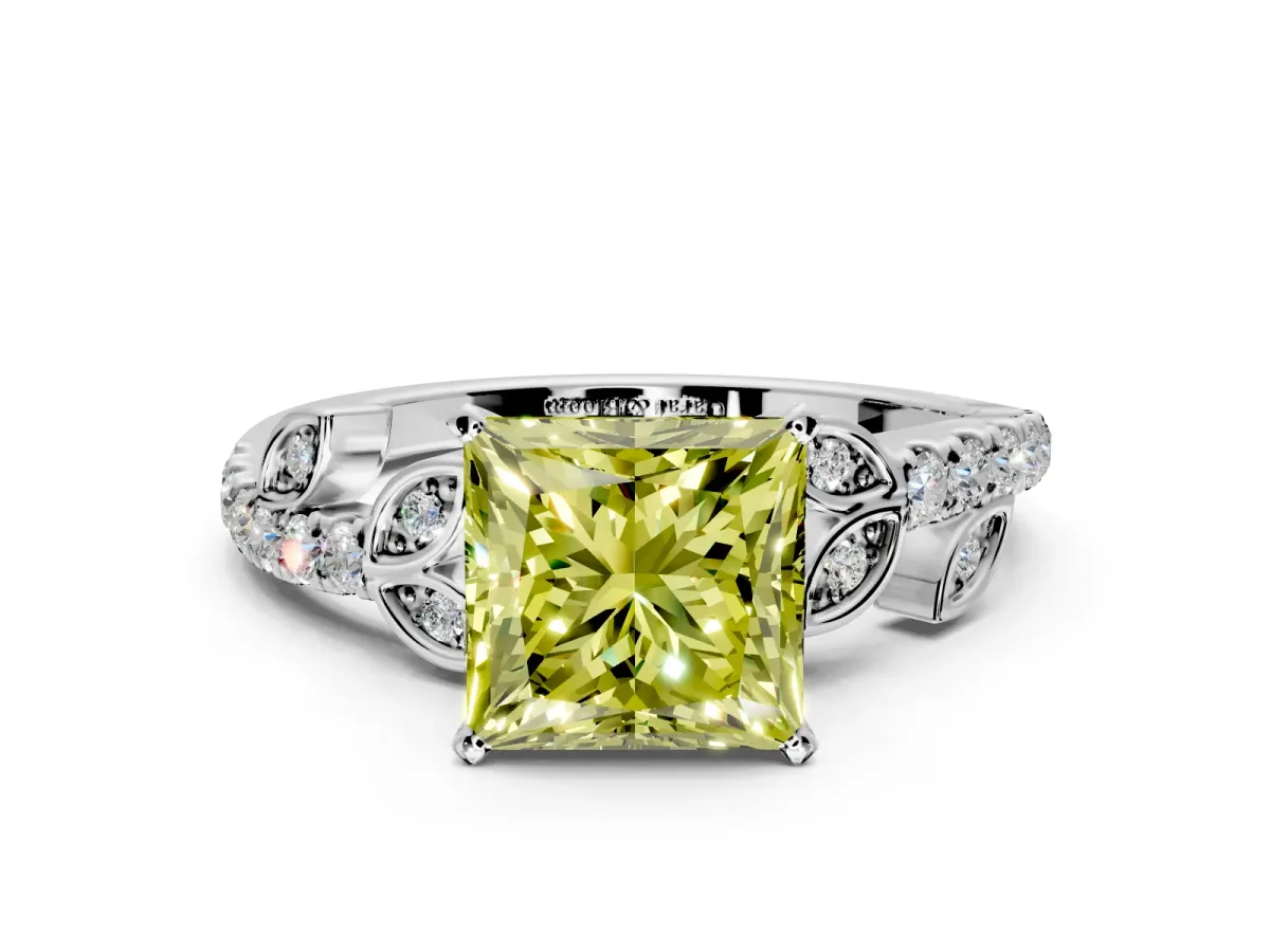 Leaf Motif Engagement Ring Setting for Fancy Yellow Princess Cut Center with Pave Band and Prong Head in Platinum