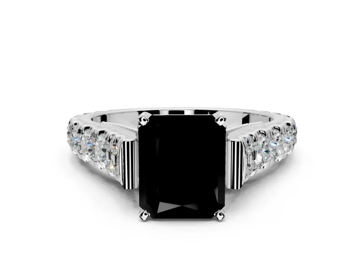 Solitaire Engagement Ring Setting for Fancy Black Radiant Cut Center with Pave Cathedral Shoulders and Prong Head in Platinum