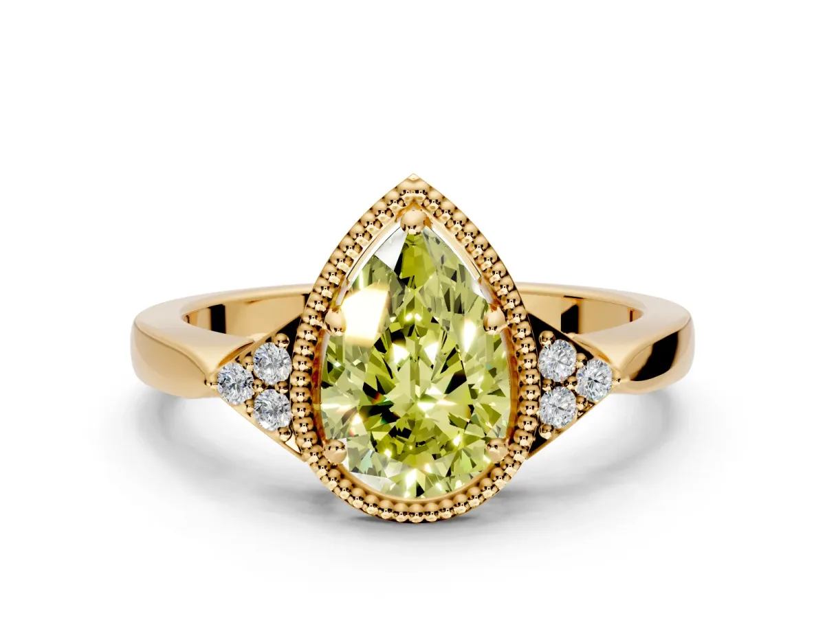 Cluster Engagement Ring Setting for Fancy Yellow Pear-Shaped Center with Milgrain Shoulder Clusters and Prong Head in Yellow Gold