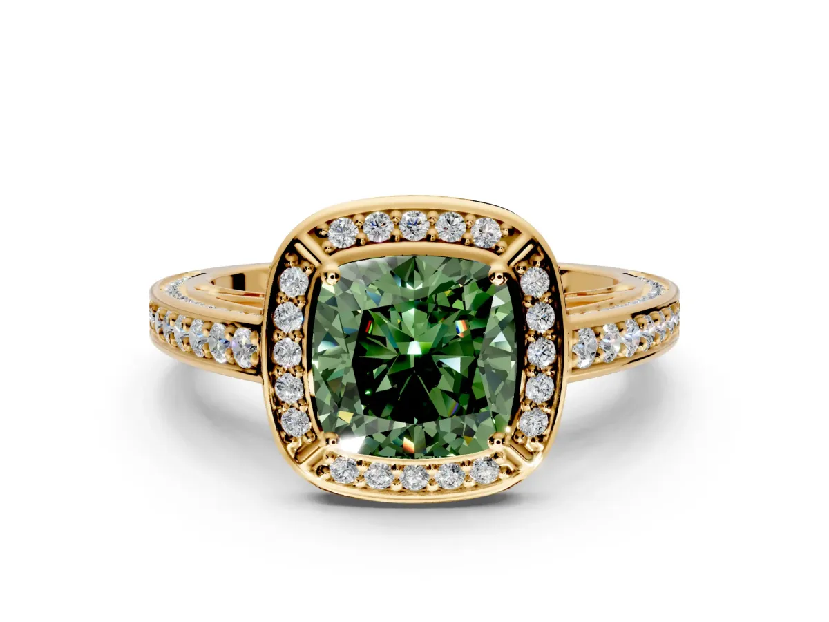 Halo Engagement Ring Setting for Fancy Green Cushion Cut Center with Framed Halo, Pave Band and Prong Head in Yellow Gold