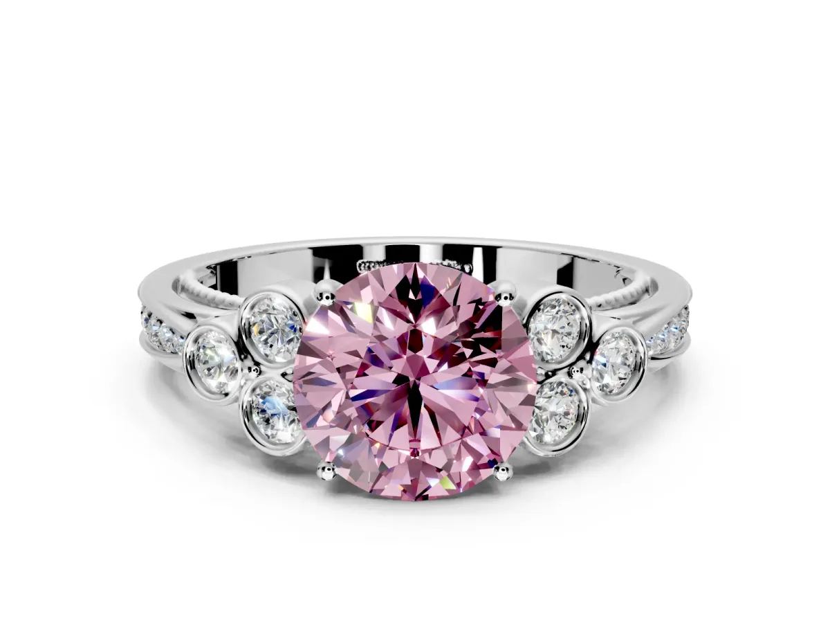 Cluster Engagement Ring Setting for Fancy Pink Round Cut Center with Bezel Accent Clusters and Prong Head in Platinum
