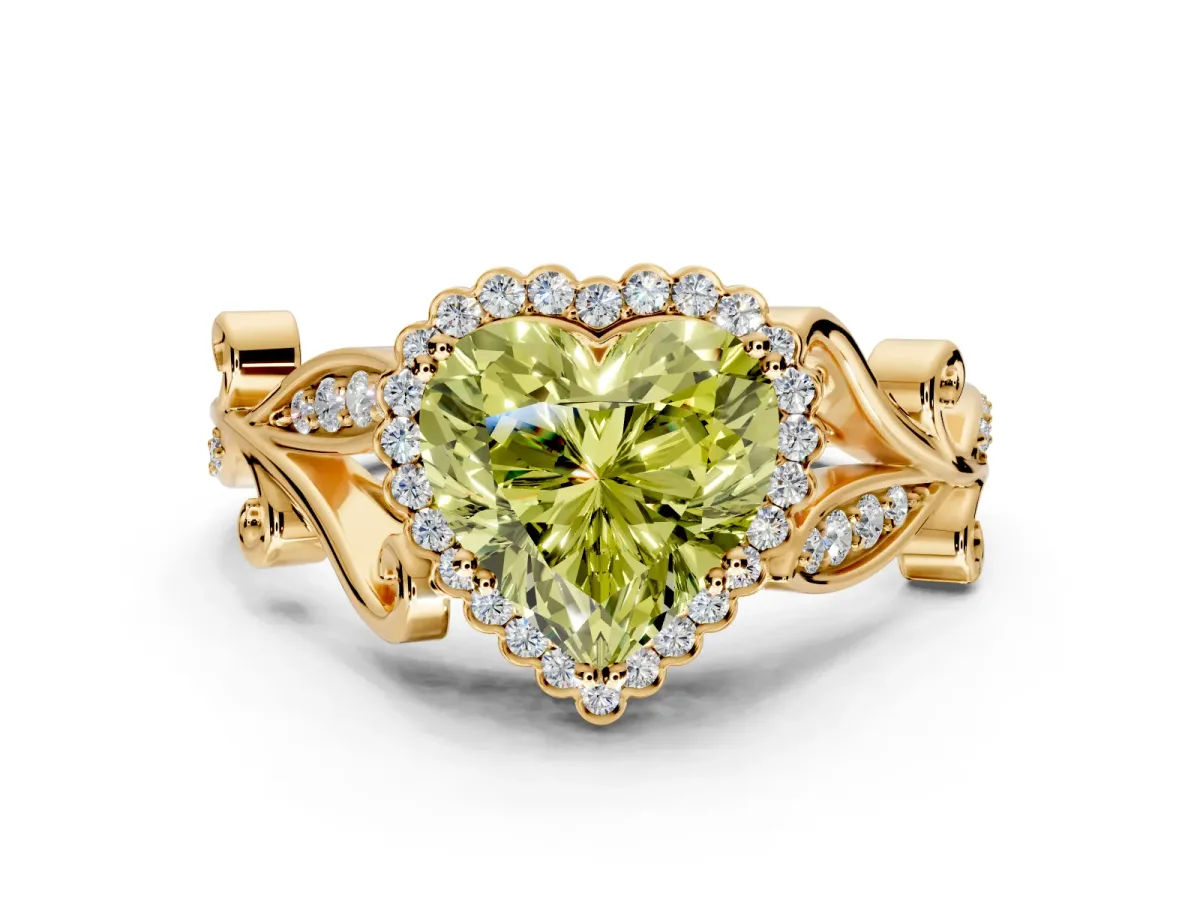 Halo Engagement Ring Setting for Fancy Yellow Heart-Shaped Center with Leaf Motif Split Shank and Prong Head in Yellow Gold