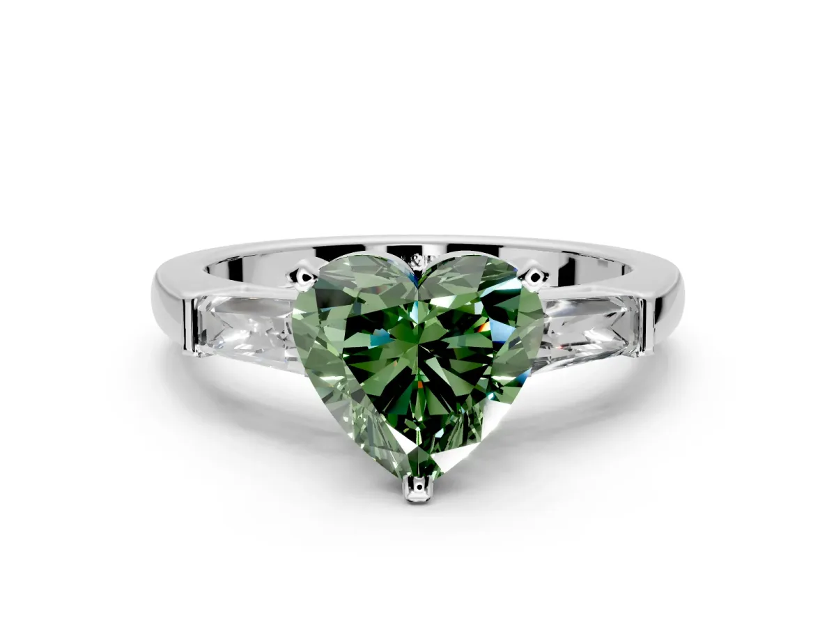 3 Stone Engagement Ring Setting for Fancy Green Heart-Shaped Center with Tapered Baguettes, Plain Band and Prong Head in White Gold