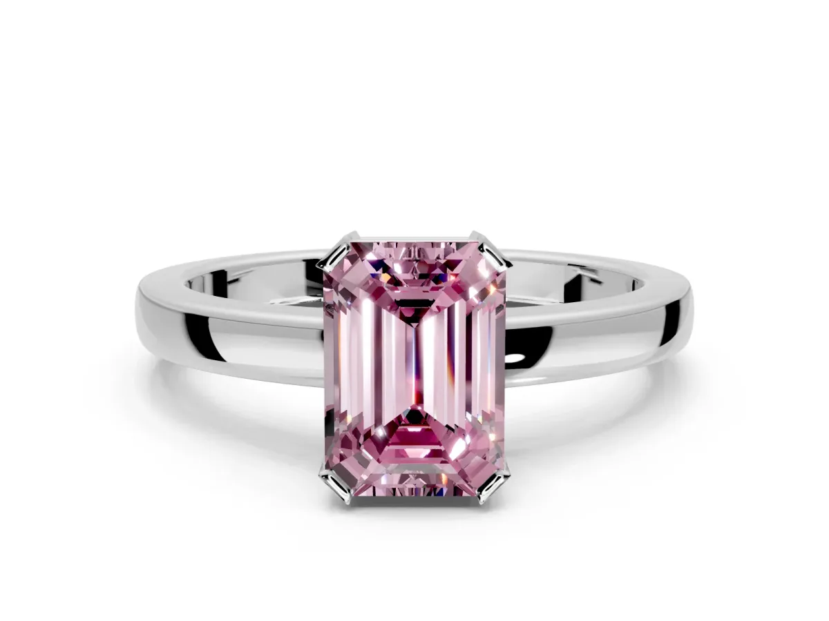 Solitaire Engagement Ring Setting for Fancy Pink Emerald Cut Center with Plain Band and Flat Tab Prong Head in Sterling Silver