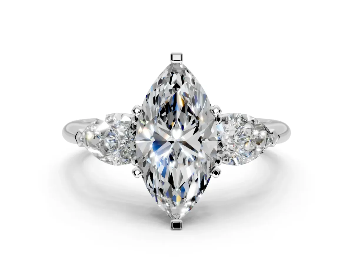 3 Stone Engagement Ring Setting for Marquise Center with Large Pear-Shaped Accents and Prong Head in Sterling Silver