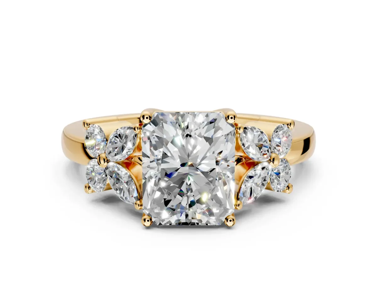 Floral Engagement Ring Setting for Radiant Cut Center with Marquise Cluster Shoulders and Prong Head in Yellow Gold