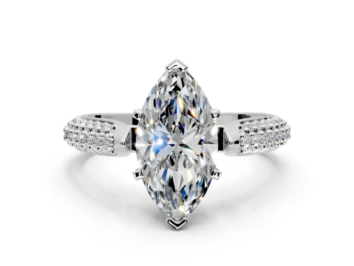 Solitaire Engagement Ring Setting for Marquise Center with Multi-Row Accents and Prong Head in White Gold