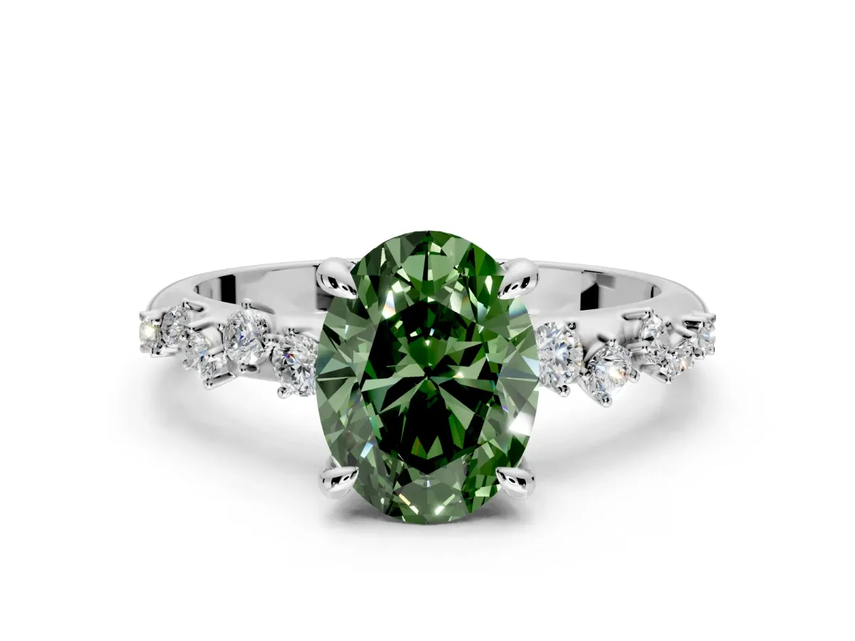 Solitaire Engagement Ring Setting for Fancy Green Oval Center with Trailing Leaf Accent Band and Prong Head in White Gold