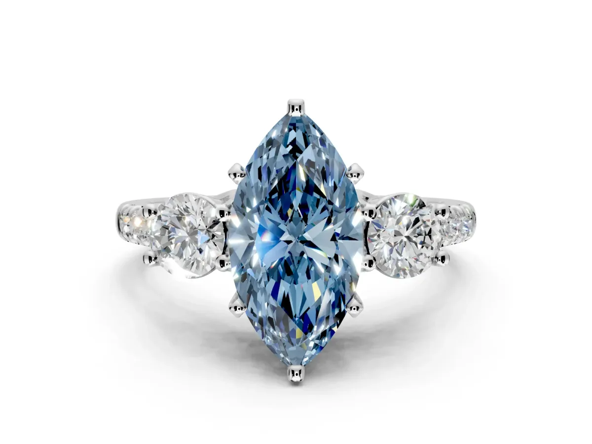 3 Stone Engagement Ring Setting for Fancy Blue Marquise Center with Crossover Basket, Pave Band and Prong Head in Platinum