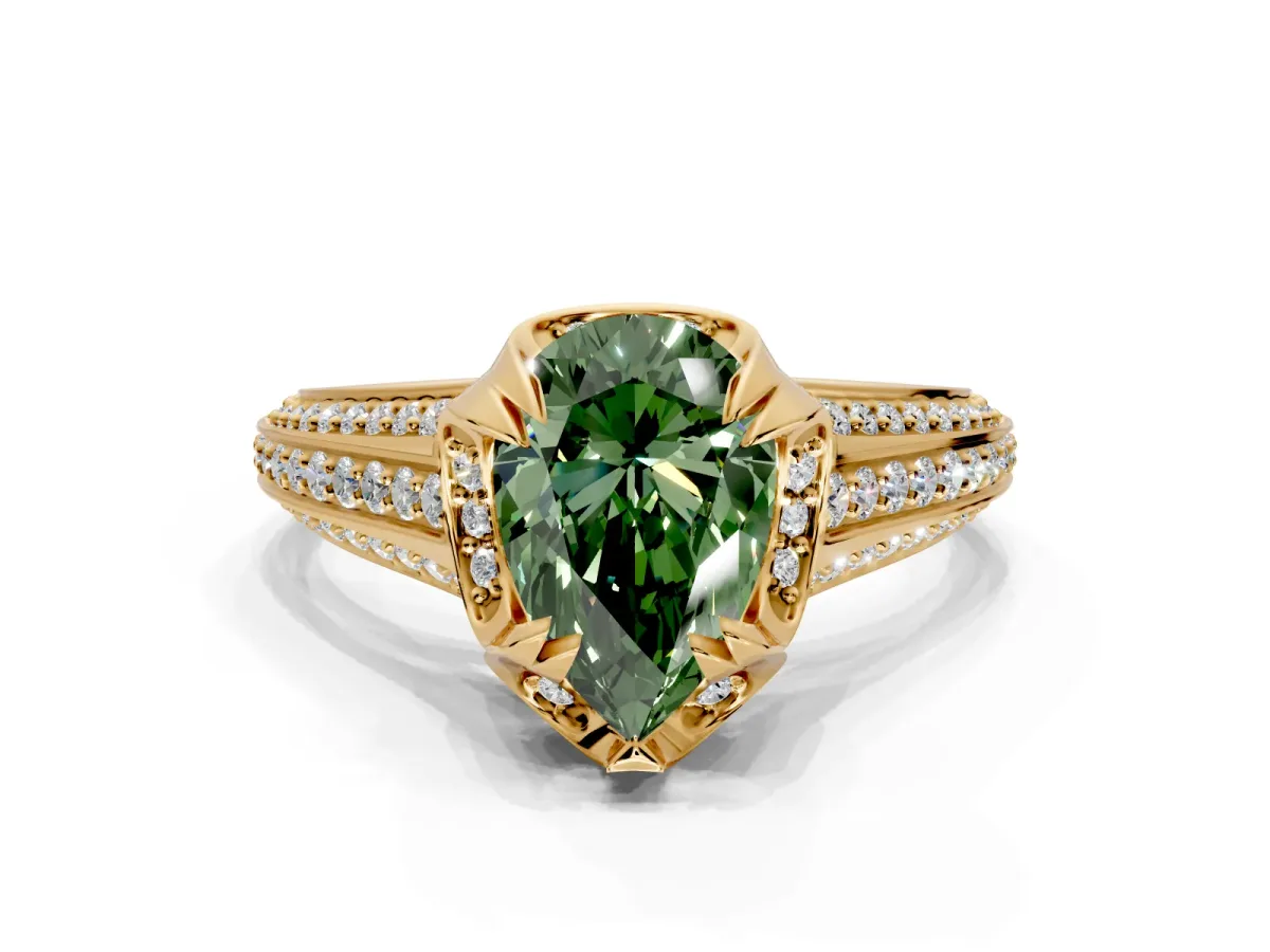 Solitaire Engagement Ring Setting for Fancy Green Pear-Shaped Center with Accented Split Shank and Prong Head in Yellow Gold