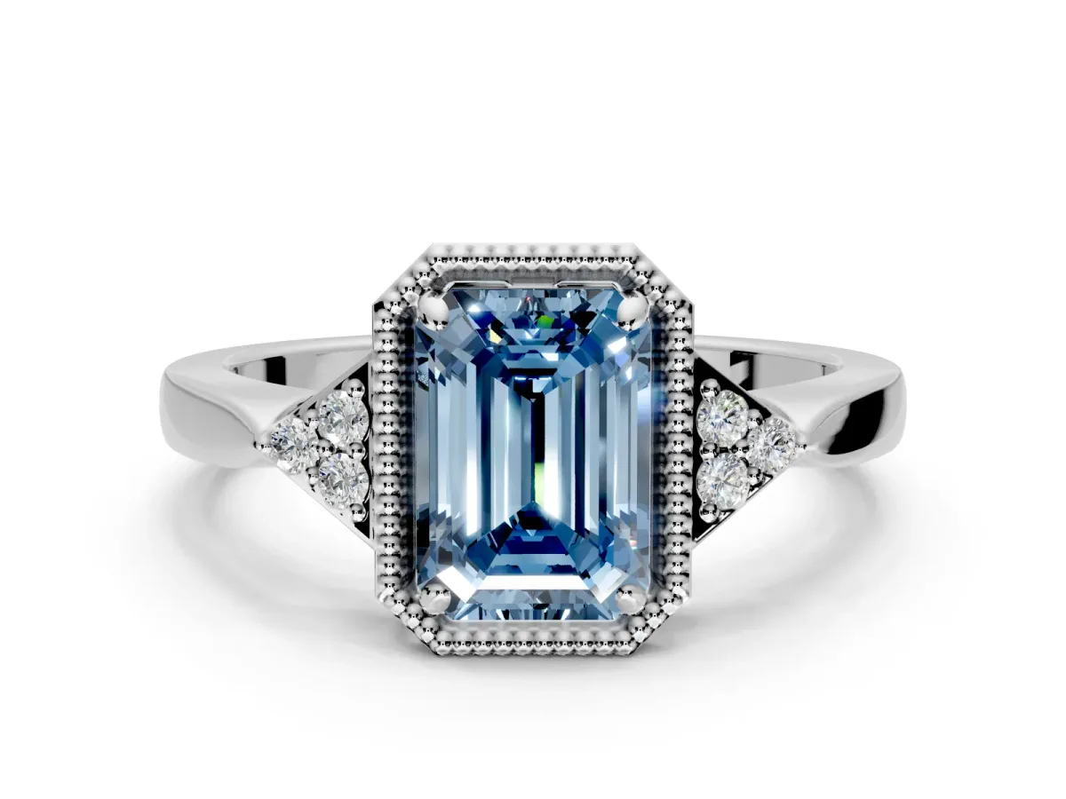 Cluster Engagement Ring Setting for Fancy Blue Emerald Cut Center with Milgrain Shoulder Clusters and Prong Head in Sterling Silver