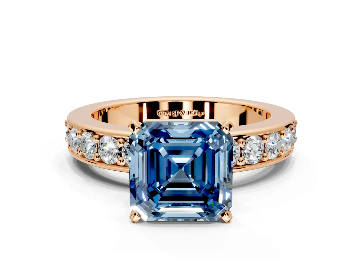Solitaire Engagement Ring Setting for Fancy Blue Asscher Cut Center with Channel-Set Accents and Prong Head in Rose Gold