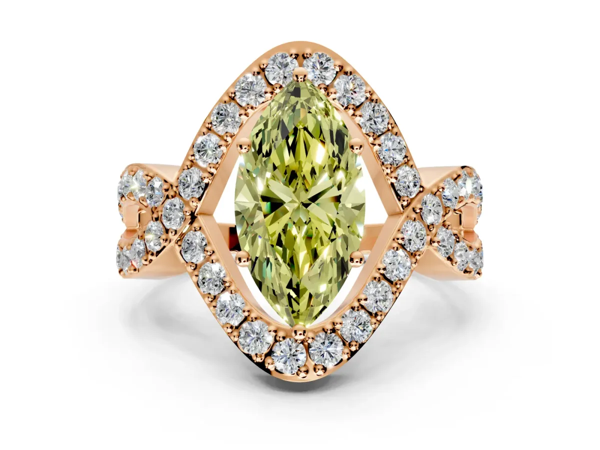 Halo Engagement Ring Setting for Fancy Yellow Marquise Center with Pave Infinity Twist Band and Prong Head in Rose Gold