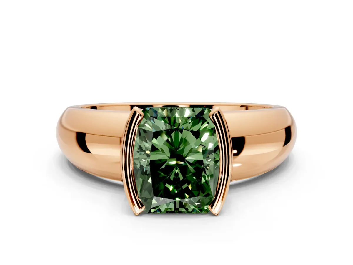 Tension Engagement Ring Setting for Fancy Green Radiant Cut Center with Wide Flat Band and Tension Head in Rose Gold