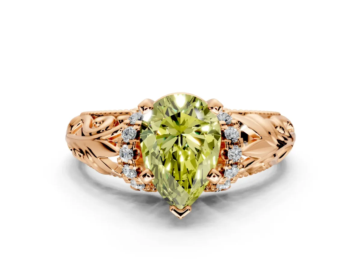 Solitaire Engagement Ring Setting for Fancy Yellow Pear-Shaped Center with Filigree Accent Basket and Prong Head in Rose Gold
