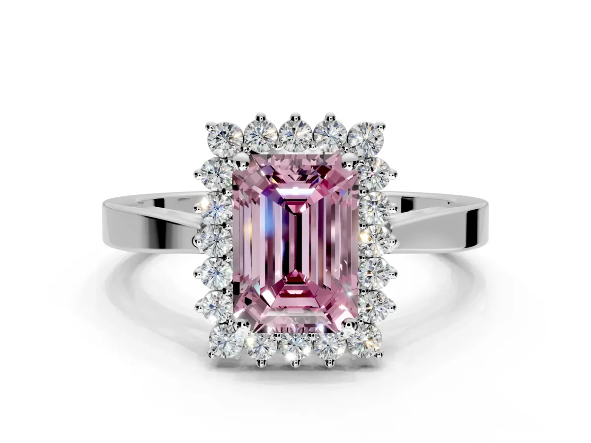 Starburst Halo Engagement Ring Setting for Fancy Pink Emerald Cut Center with Flat Cathedral Band and Prong Head in White Gold