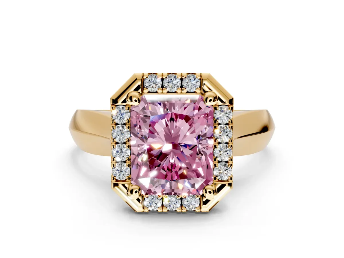 Halo Engagement Ring Setting for Fancy Pink Radiant Cut Center with Square Band and Prong Head in Yellow Gold