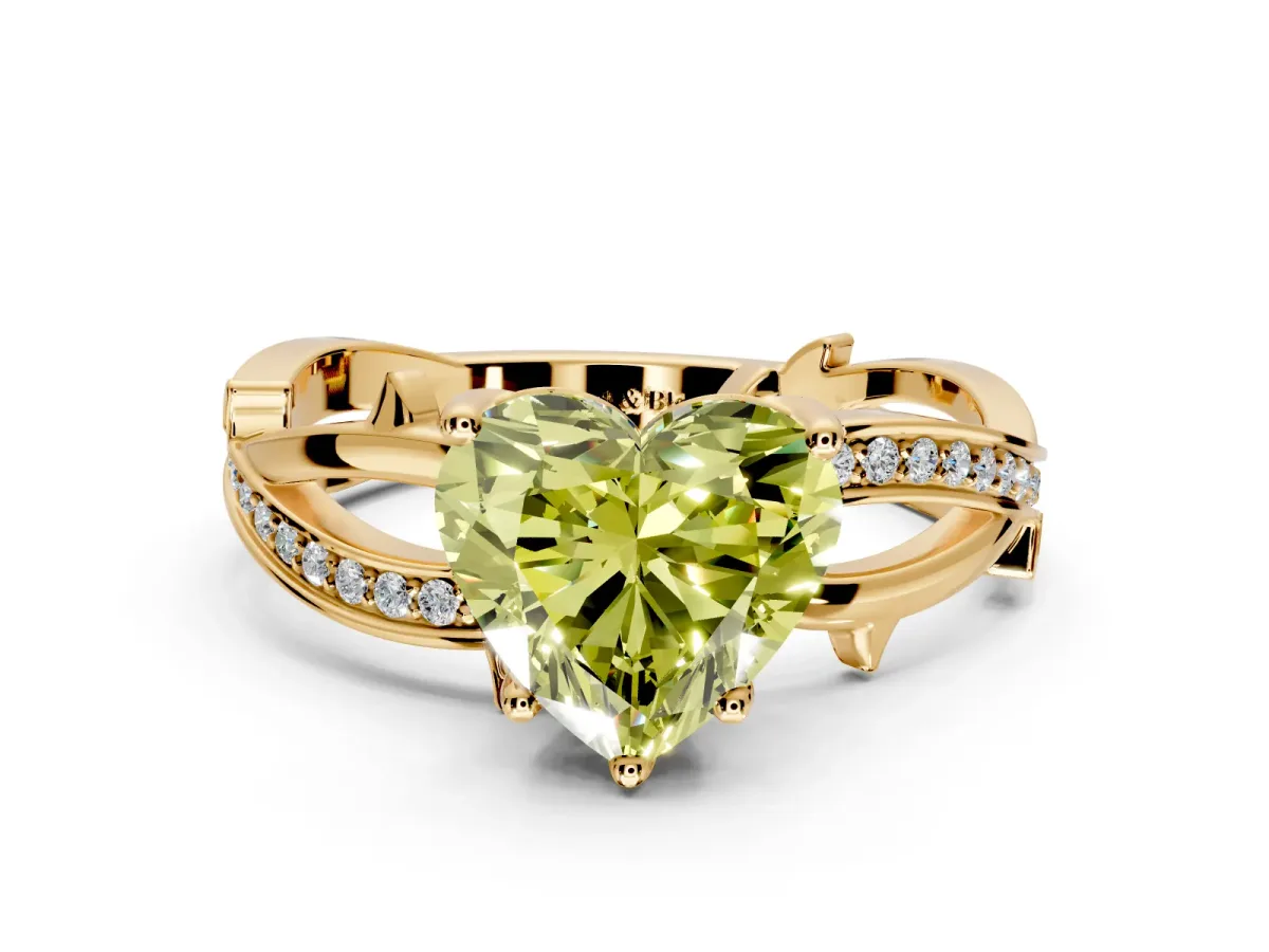 Solitaire Engagement Ring Setting for Fancy Yellow Heart-Shaped Center with Pave and Plain Crossover Band and Prong Head in Yellow Gold