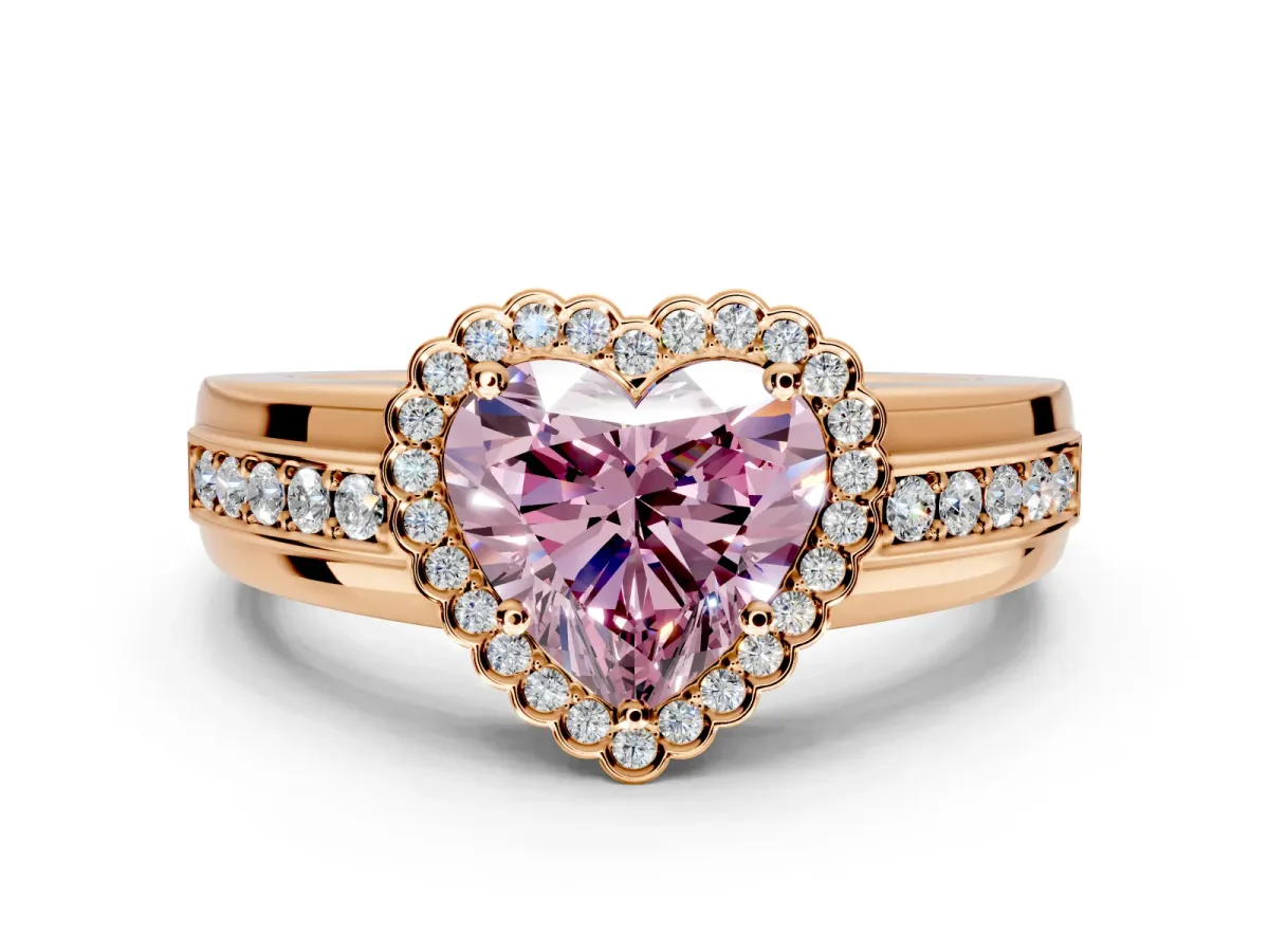 Halo Engagement Ring Setting for Fancy Pink Heart-Shaped Center with Wide Band, Inlaid Accent Row and Prong Head in Rose Gold