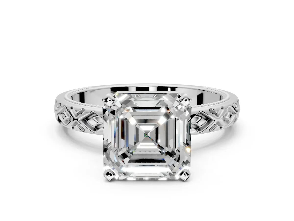 Solitaire Engagement Ring Setting for Asscher Cut Center with Milgrain X Pattern Band and Prong Head in Platinum