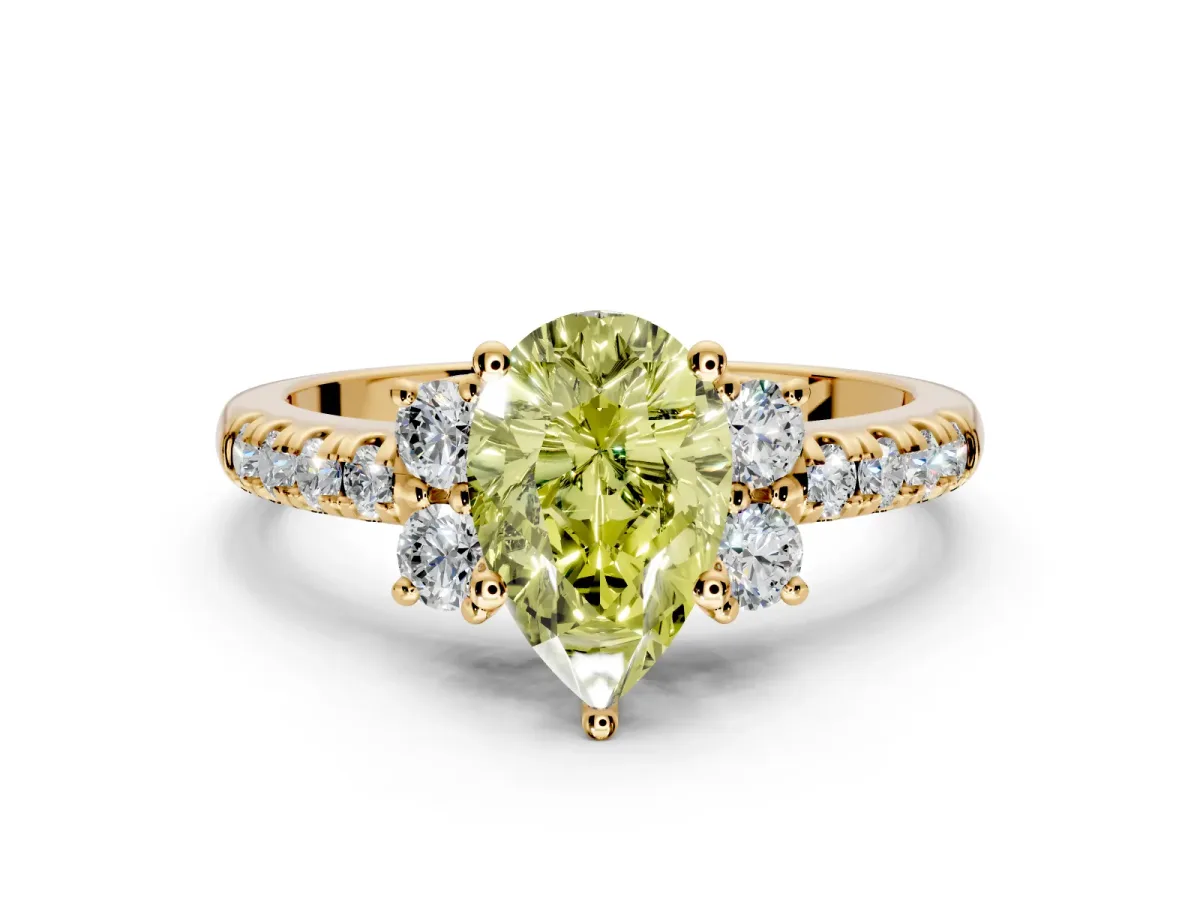 Paired Accent Engagement Ring Setting for Fancy Yellow Pear-Shaped Center with Pave Band and Prong Head in Yellow Gold