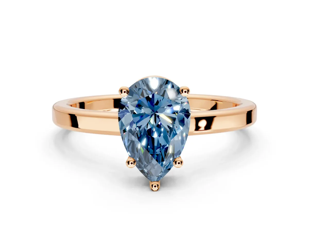 Hidden Halo Engagement Ring Setting for Fancy Blue Pear-Shaped Center with Wide Flat Plain Band and Prong Head in Rose Gold