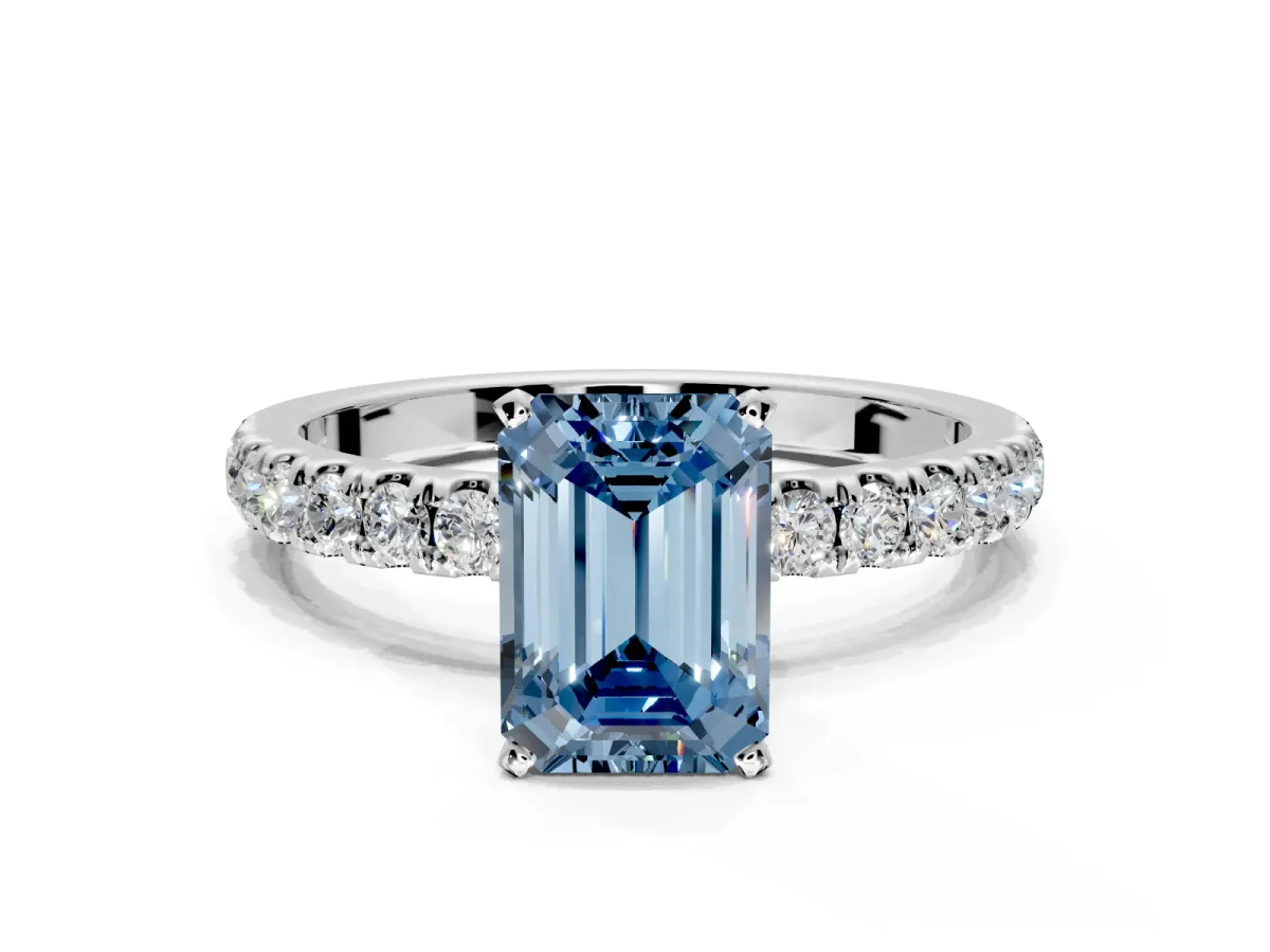 Open Basket Engagement Ring Setting for Fancy Blue Emerald Cut Center with Pave Band and Prong Head in Platinum
