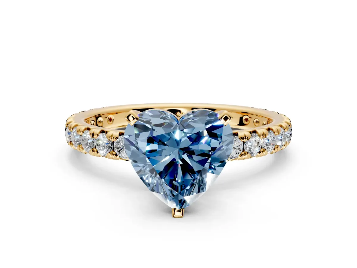 Solitaire Engagement Ring Setting for Fancy Blue Heart-Shaped Center with Shared-Prong Accents and Prong Head in Yellow Gold