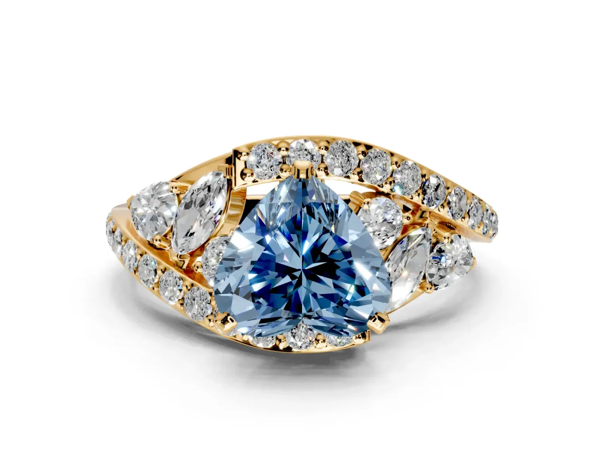 Halo Engagement Ring Setting for Fancy Blue Heart-Shaped Center with Marquise and Pave Bypass Band and Prong Head in Yellow Gold